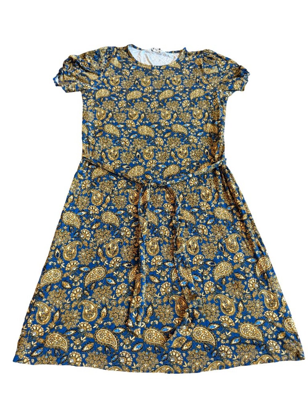 Boden Short Sleeve Jersey Knit Shirt Dress Stretch Gold Paisley Size 10R NWT